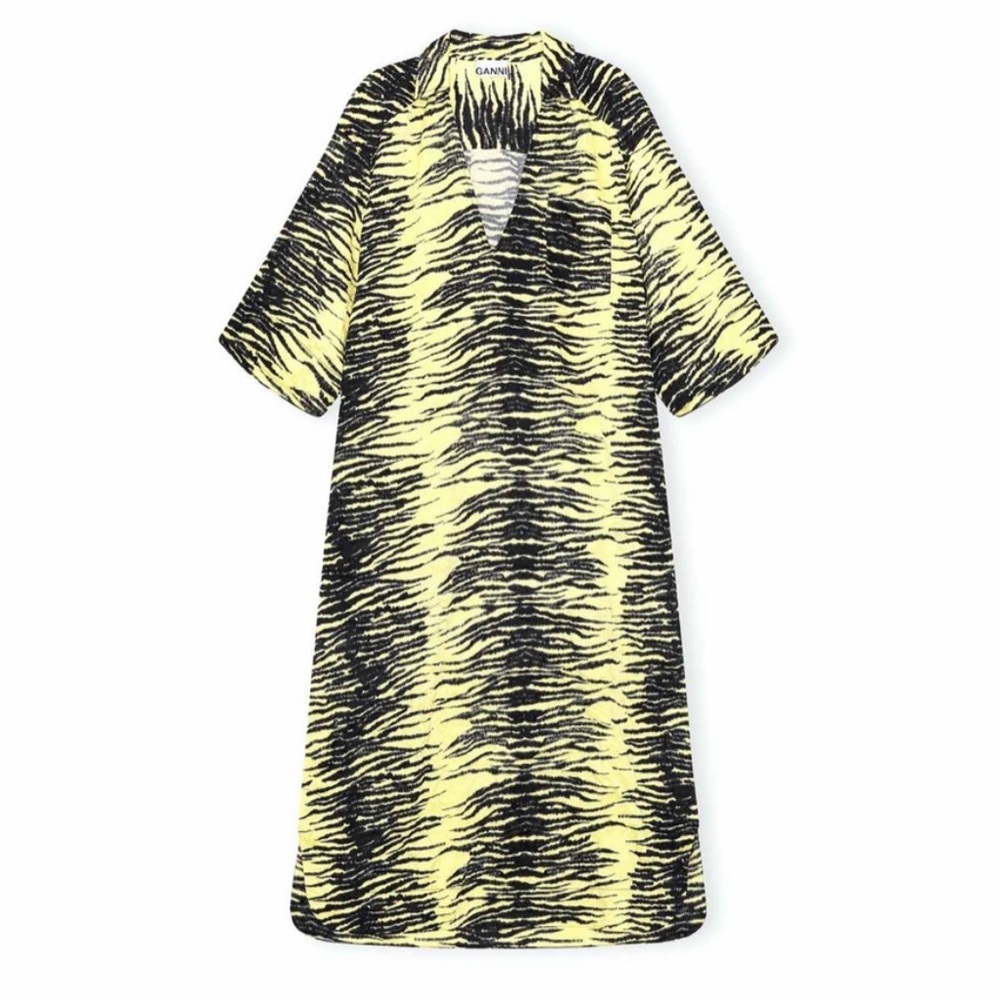 SOLD GANNI Yellow Black Tiger Stripe Satin Collar Dress size L/XL